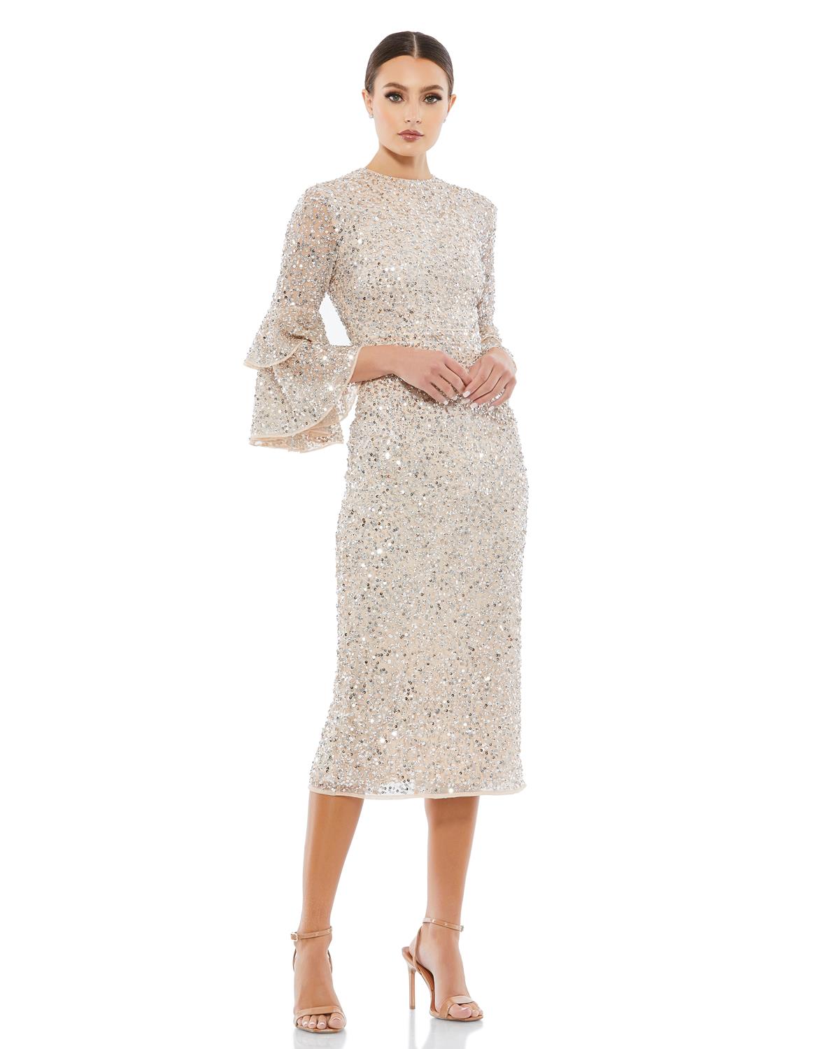 Fully Sequined Ruffle Tiered 3/4 Sleeve Midi Dress