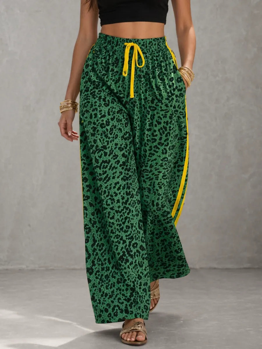 Striped Pockets Leopard Elasticity Drawstring Contrast Color Wide Leg Loose Trousers Pants