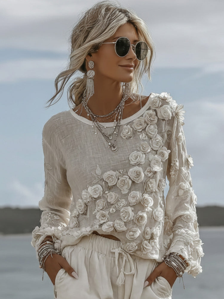 Women's Floral Embroidered Linen Crew Neck T-shirt