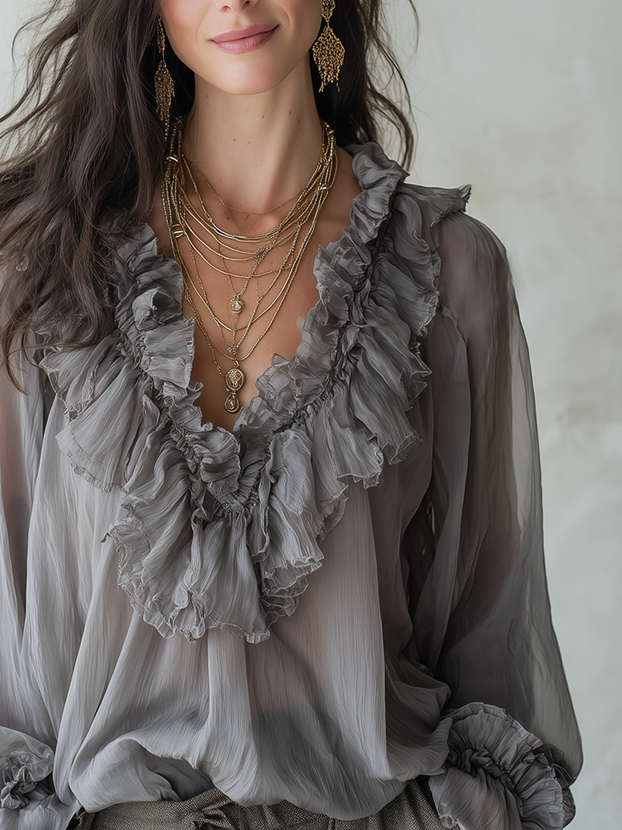 Romantic Ash Gray Cascading Ruffle Blouse