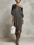 Bohemian Charcoal Gray Lace-trimmed Knit Dress