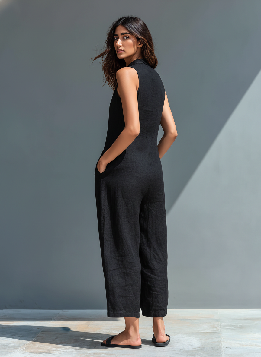 Women's V-Neck Solid Color Cotton And Linen Casual Jumpsuit Leggings