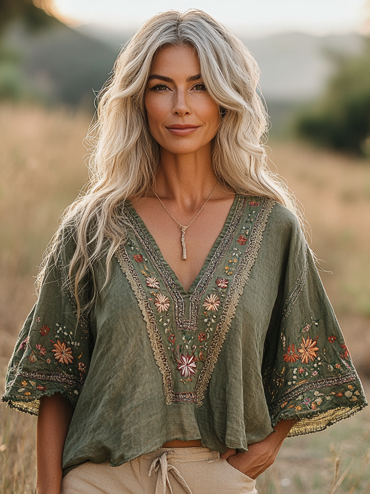 Women's Bohemian Retro Flowers Linen Blend Cozy T-shirt