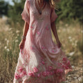 Vintage Boho Pink Roses Glitter Lace Flowy Linen Maxi Dress