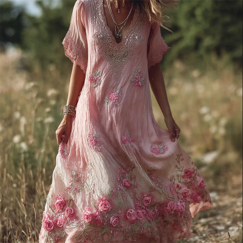 Vintage Boho Pink Roses Glitter Lace Flowy Linen Maxi Dress