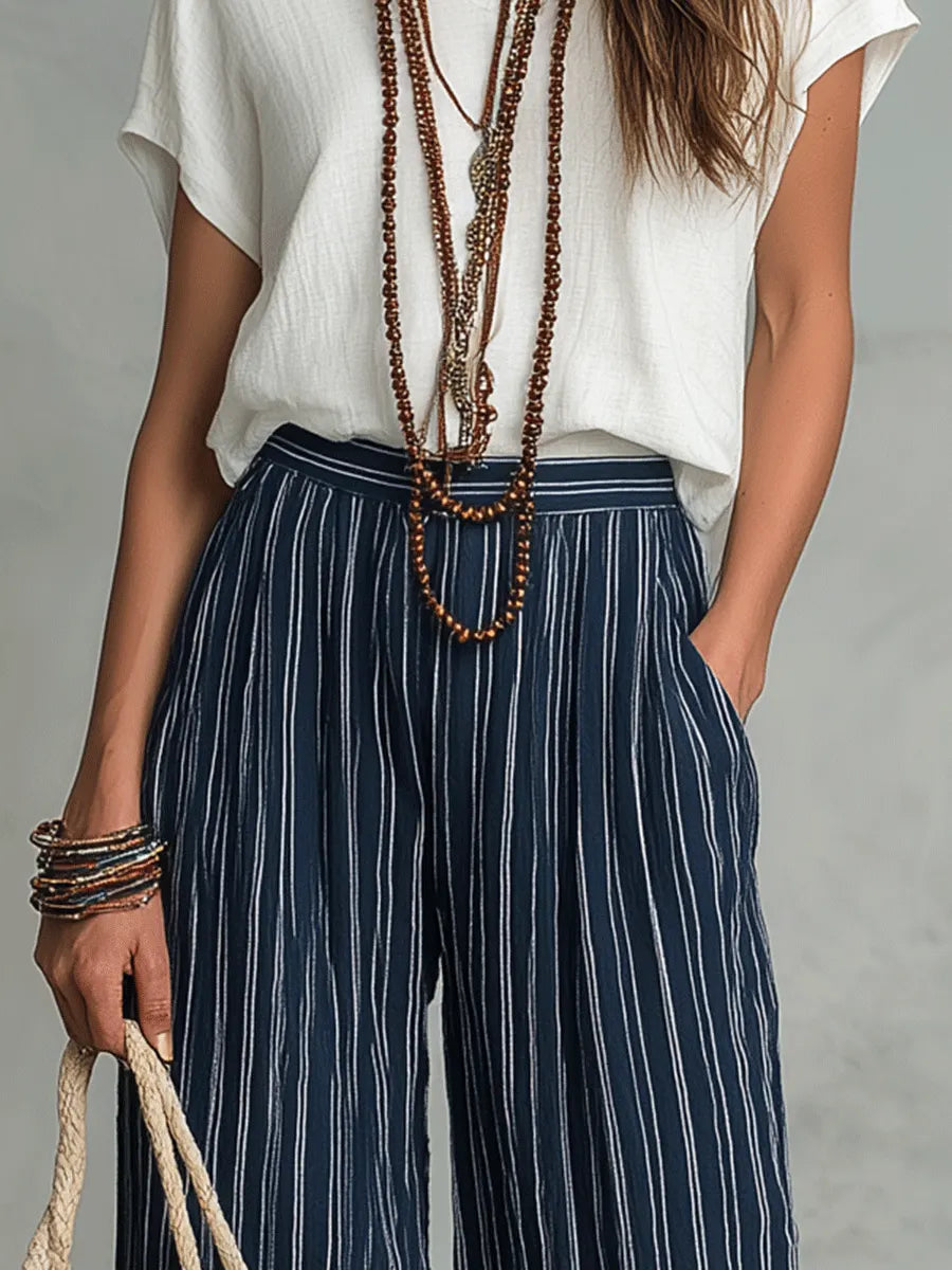 Relaxed Effortless Bohemian Stripe Wide-Leg Pants Set
