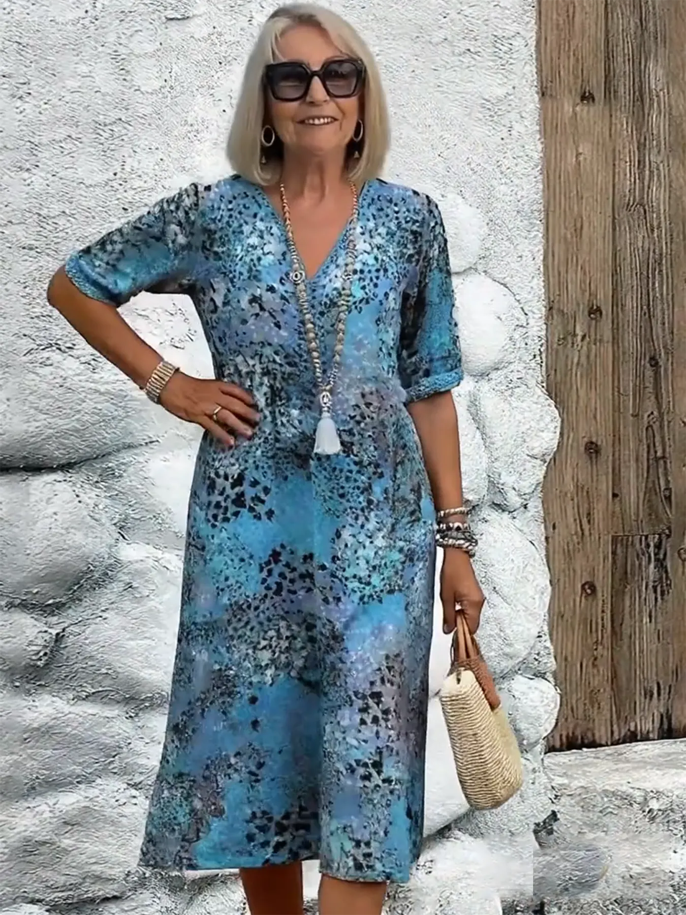 Vacation DRESS Women's Short Sleeve Summer Leopard Lace Dress V Neck Daily Going Out Casual Knee Length A-Line Khaki