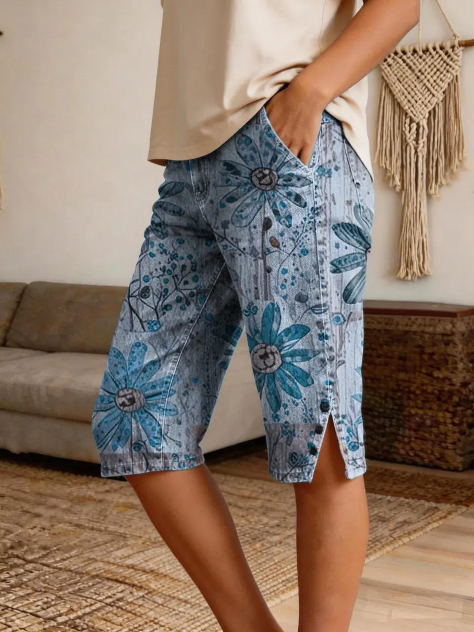 Women's Retro Bohemian Patchwork Floral Art Print Casual Denim Shorts