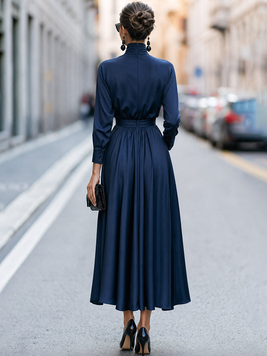 High Neck Gathered Waist A-Line Maxi Dress