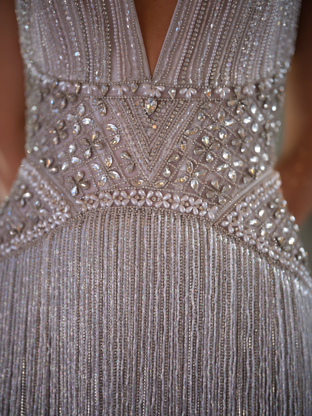 Silver Beaded Halter Mini Dress with Fringe Hem & Deep V Neck