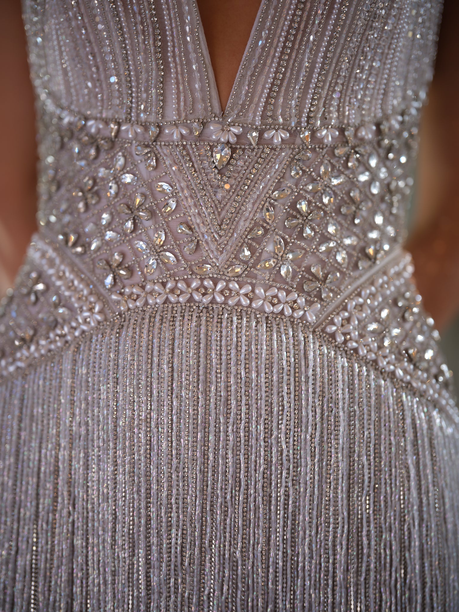 Silver Beaded Halter Mini Dress with Fringe Hem & Deep V Neck