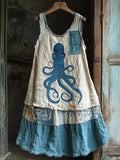 Octopus Embroidered Patchwork Art Linen Blend Dress