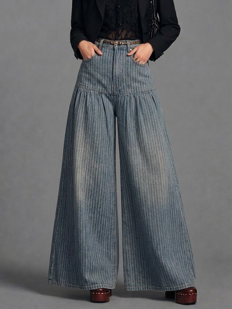 Retro Striped Print Wide-leg Jeans