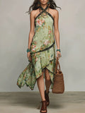 Bohemian Resort Sage Green Floral Halter Ruffle Midi Dress