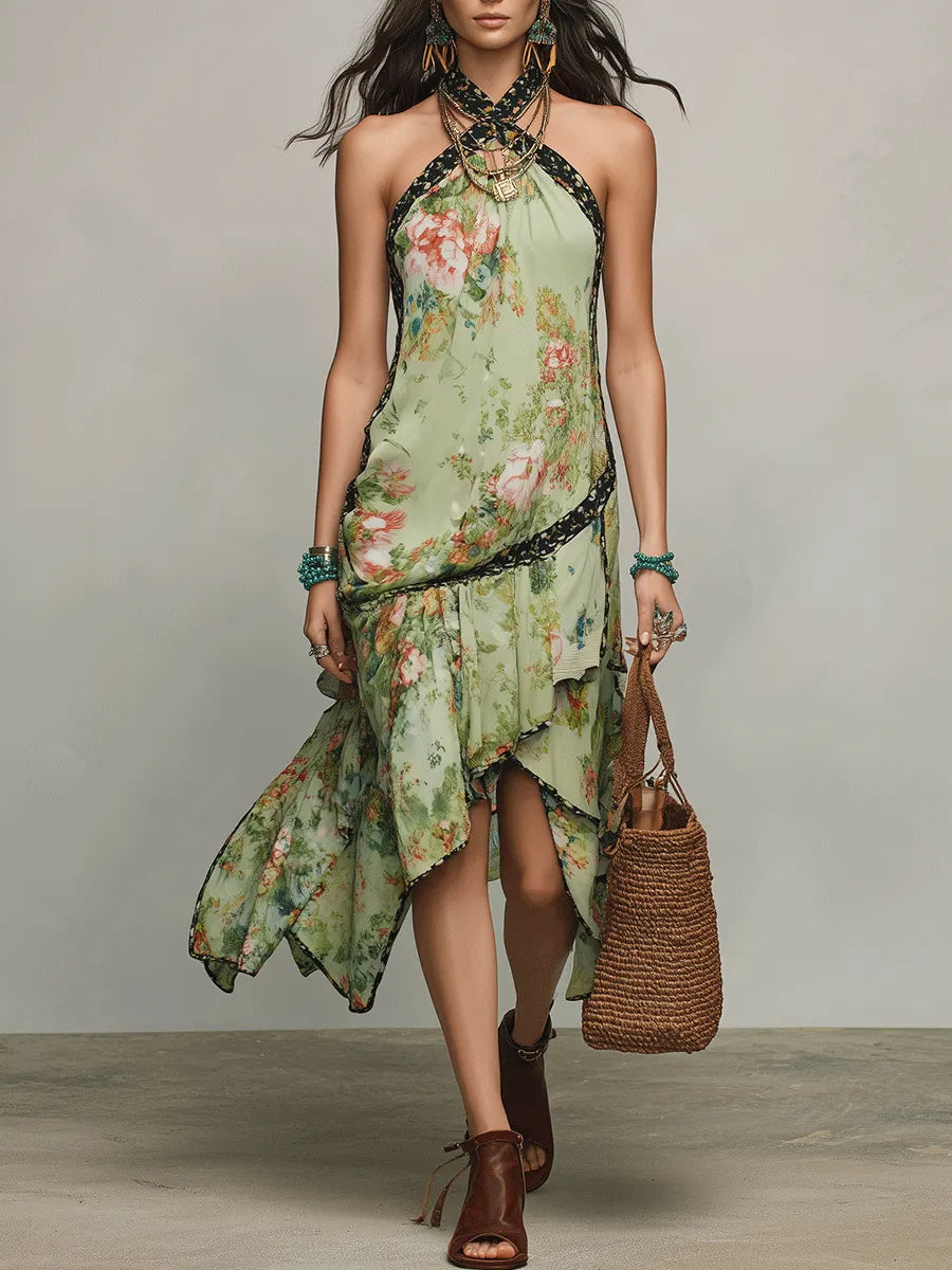 Bohemian Resort Sage Green Floral Halter Ruffle Midi Dress