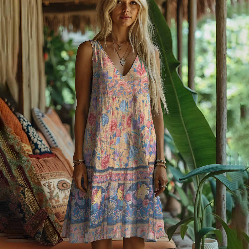 Boho Floral Print Women's Linen Vest Dress