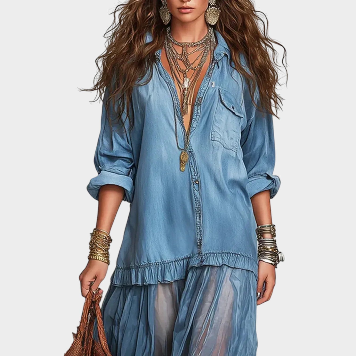 Boho Denim & Sheer Maxi Dress