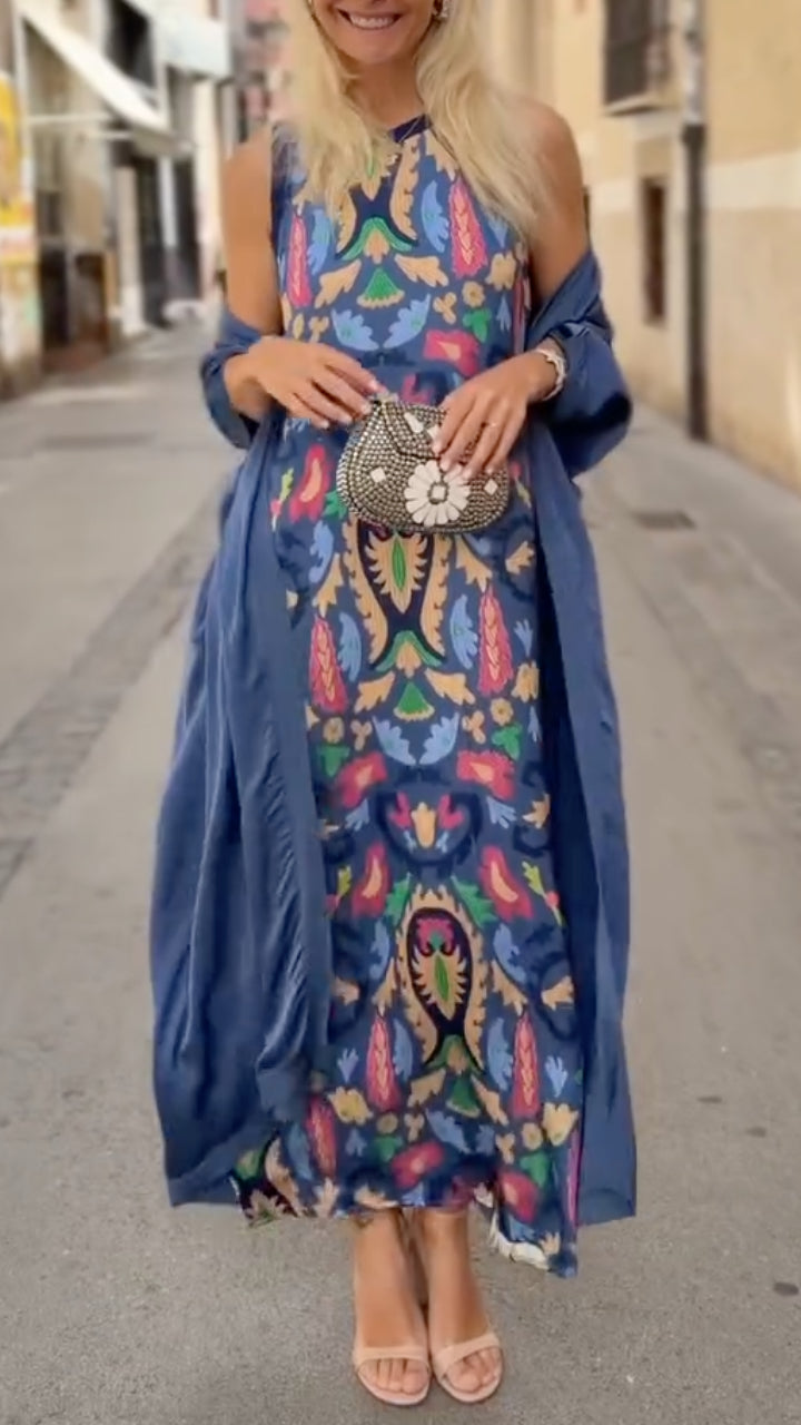 Women's Vintage Round-Neck Dress & Solid-Color Satin Cardigan Set
