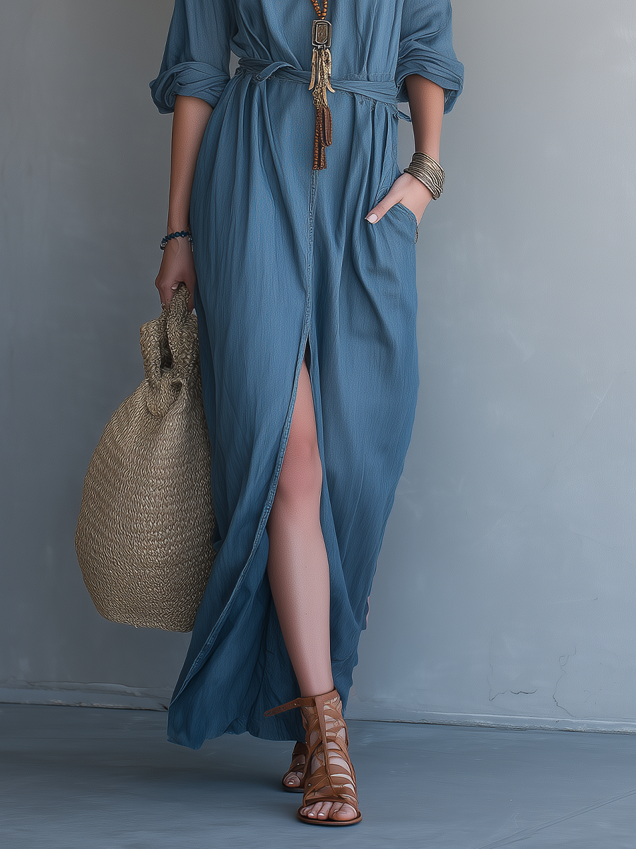 Effortless Resort Blue Button Front Maxi Dress