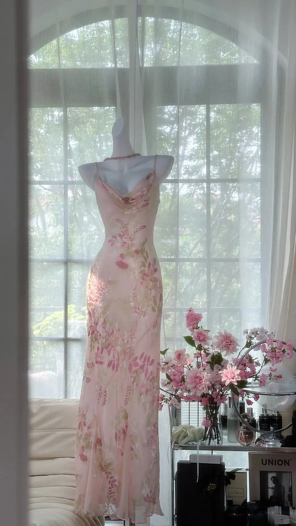 Pink Delicate Floral Long Chiffon Ball Gown Evening Dress Party Dress Birthday Dress Date Dress 4161