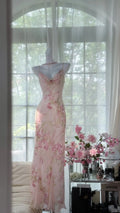 Pink Delicate Floral Long Chiffon Ball Gown Evening Dress Party Dress Birthday Dress Date Dress 4161