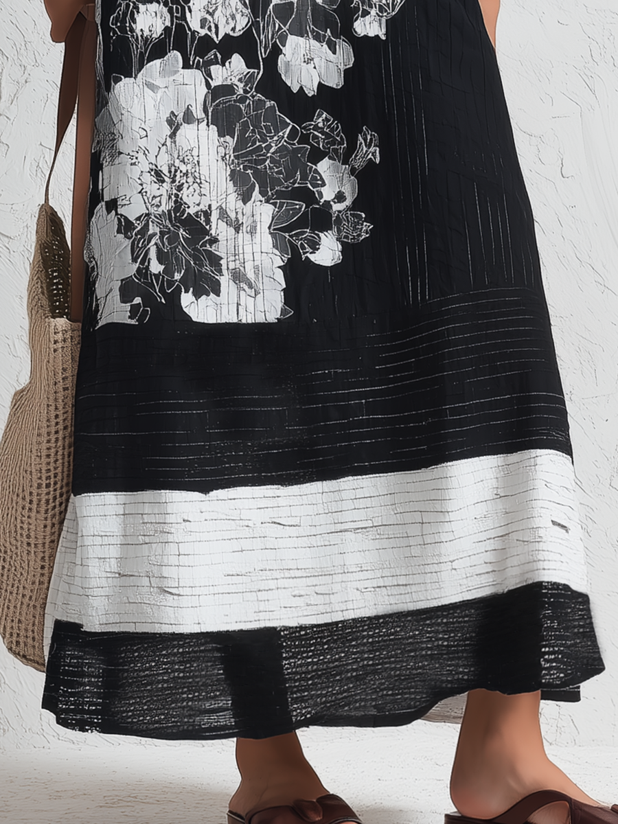 Chic Black Floral Print Sleeveless Midi Dress