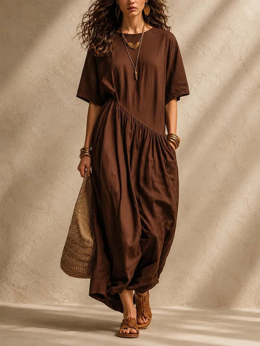 Old Money Wind Tencel Blend Linen Asymmetrical Cut Shirt Mid-Length Dress
