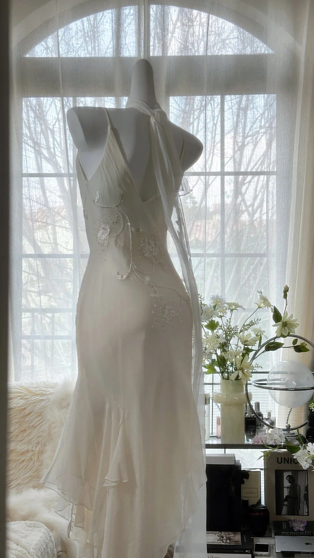 Ivory White Elegant Fashion Exquisite Floral Beading Long Chiffon Ball Gown Evening Dress Party Dress 4006