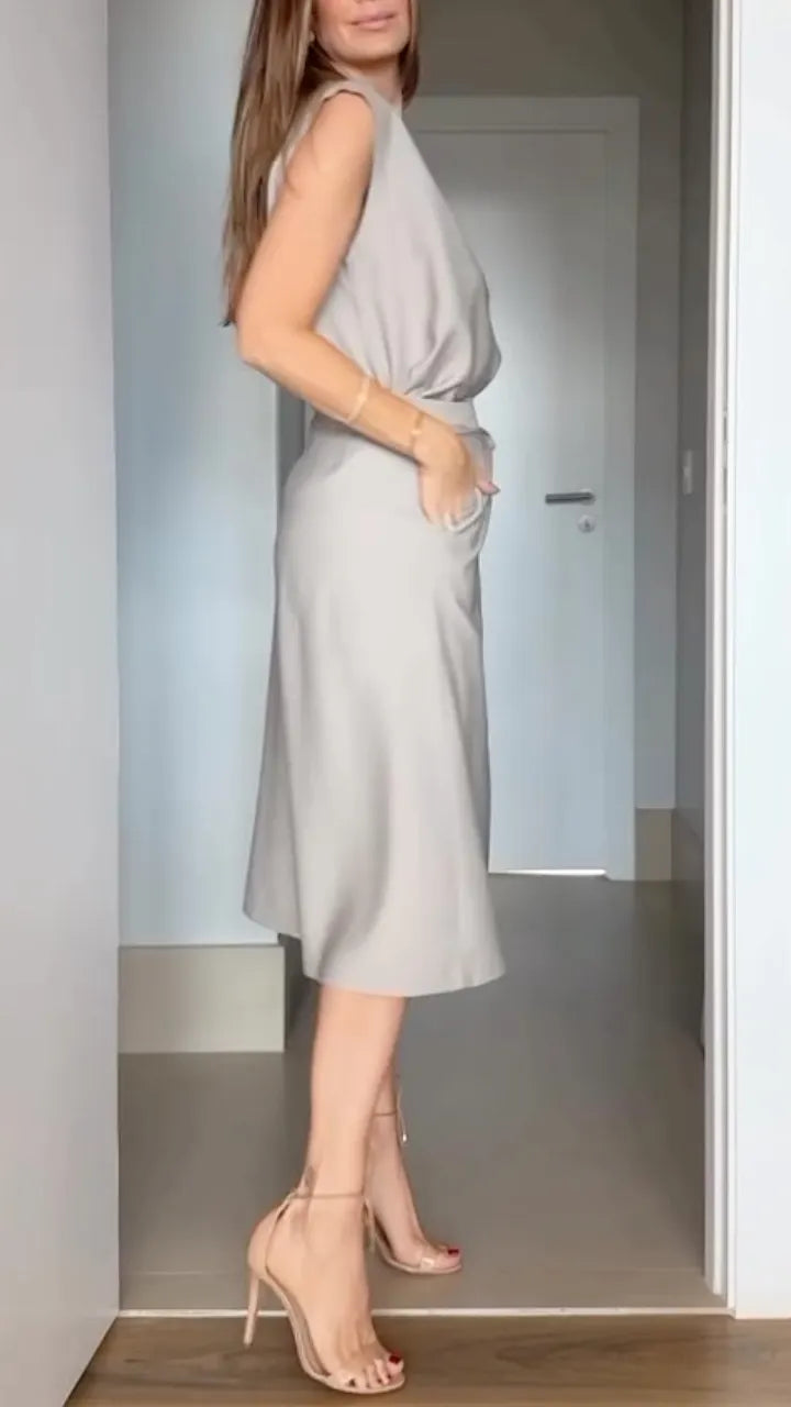Light Gray Sleeveless Wrap Top Midi Skirt Set