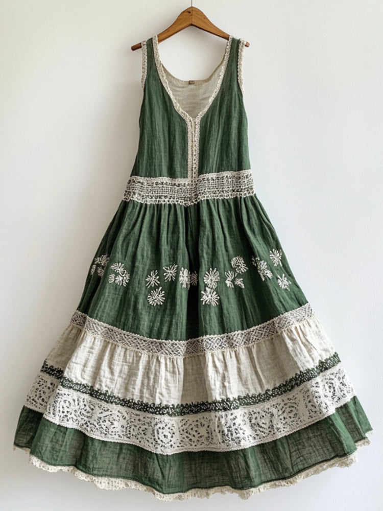 Vintage Lace Flowers Art Linen V Dress