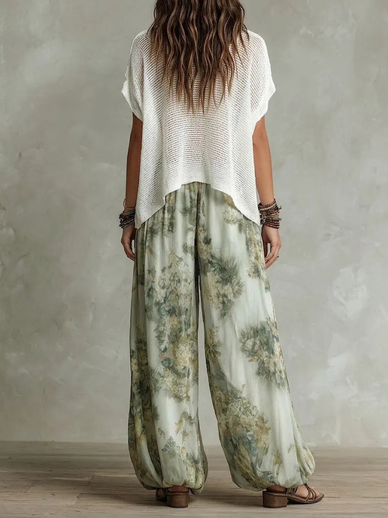 White Crochet Knit Crop Top & Light Green Ink Floral Print Elastic Waist Lantern Pants Set