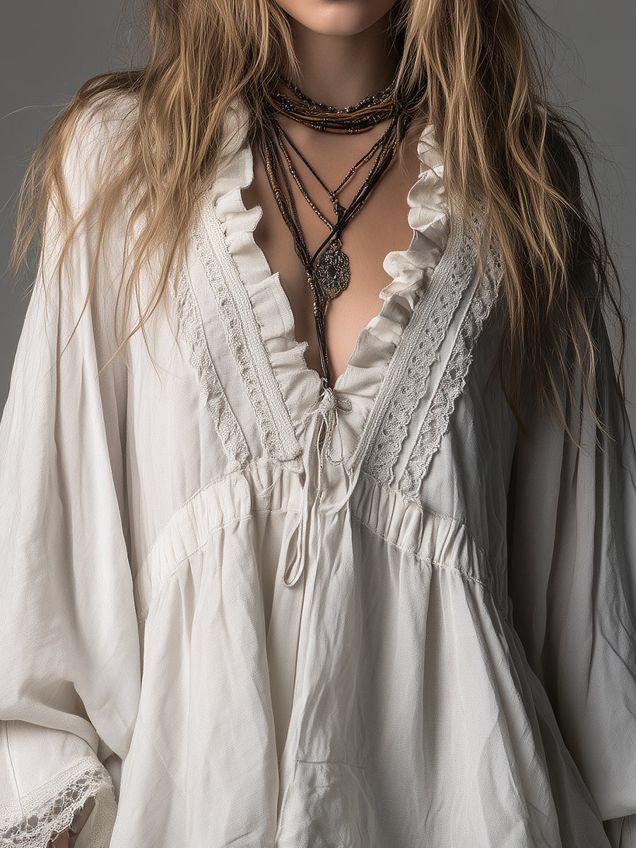Bohemian-style Loose-fitting Cotton Blend Blouse With Lace Trim