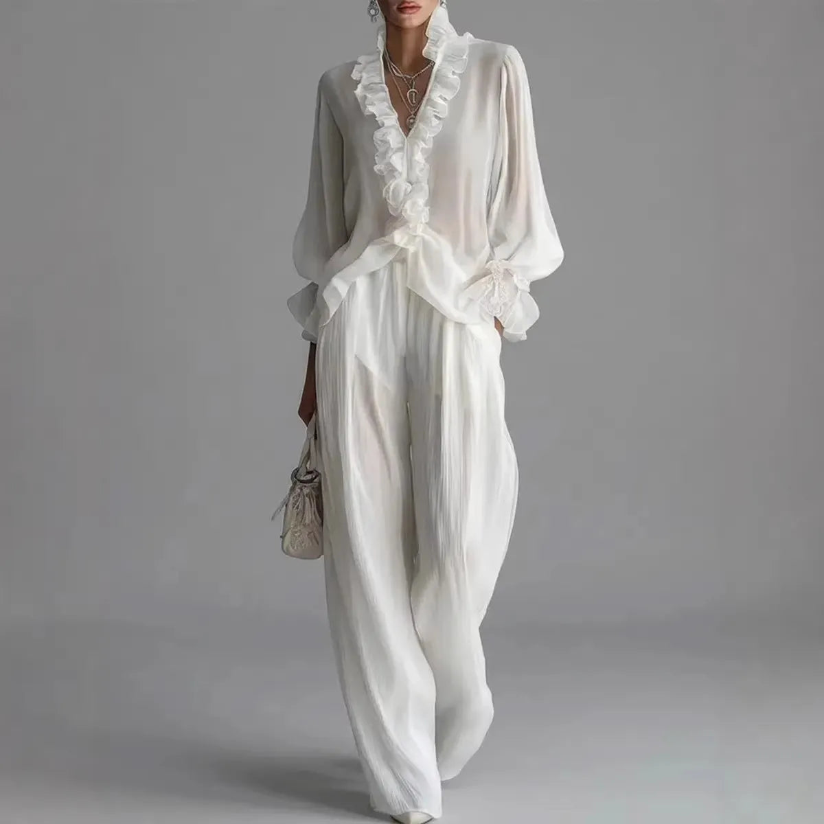 Elegant White Ruffle V-Neck Set - Flowy Lantern Sleeve Top & Wide Leg Pants Resort Suite