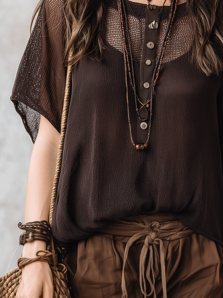 Effortless Coastal Elegance Mesh  Button-Front Boho Henley Top