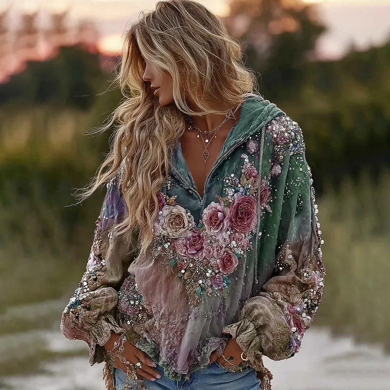 Tie-dye Rose Embroidered Sequined Hoodie