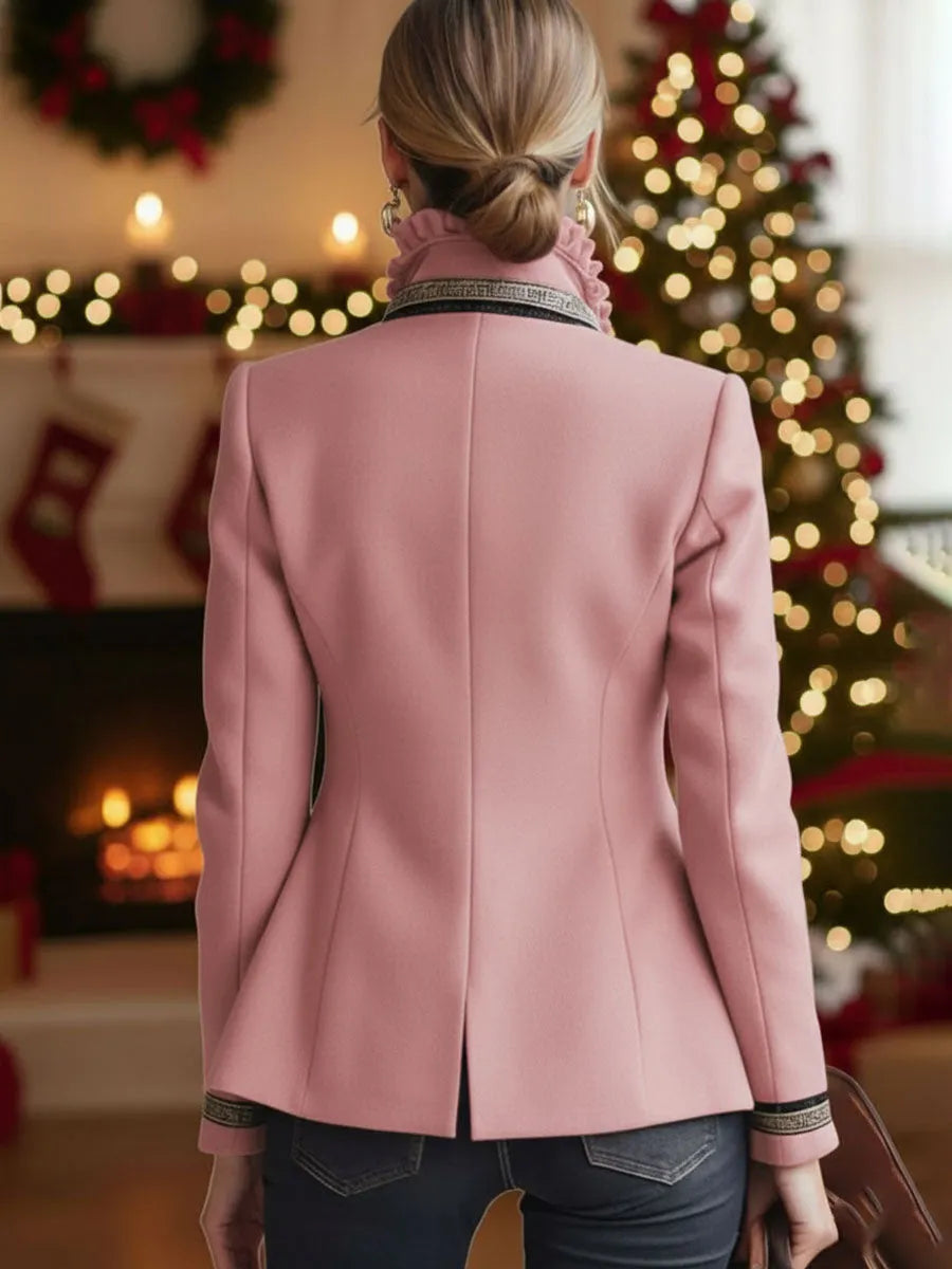 Ruffled Stand-up Collar Single-breasted Rose Embroidered Woolen Jacket