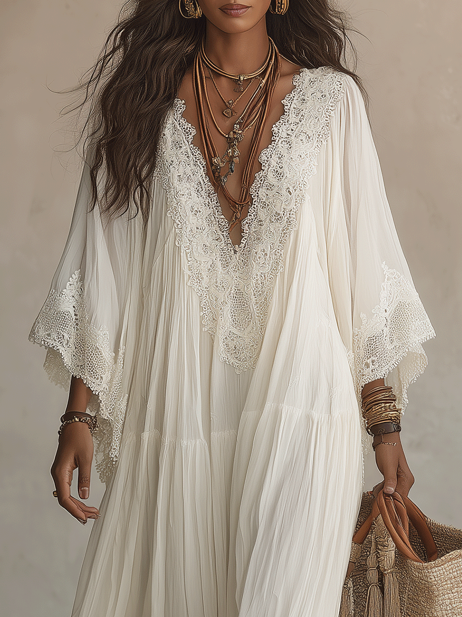 Effortless Flowy Vacation Cream White Boho Maxi Dress
