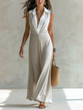 Chic Ivory Layered Collar Sleeveless Maxi Dress