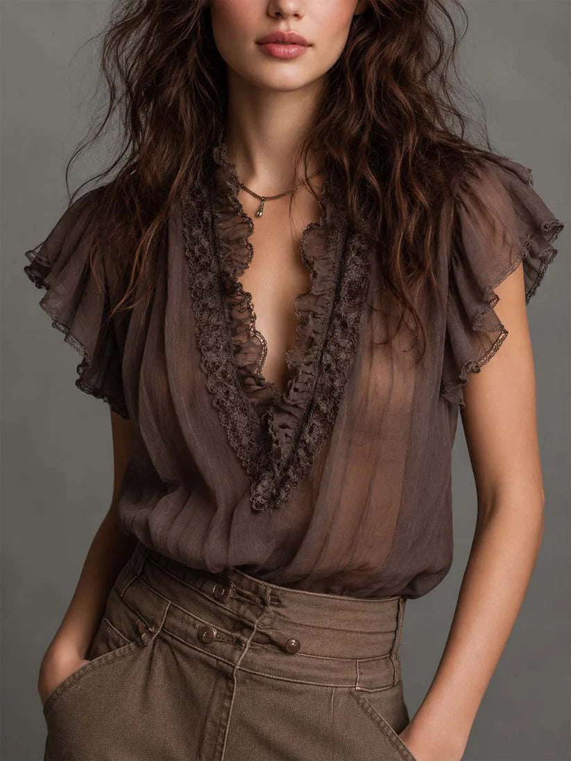 Bohemian Lace-paneled Ruffle-collar Top