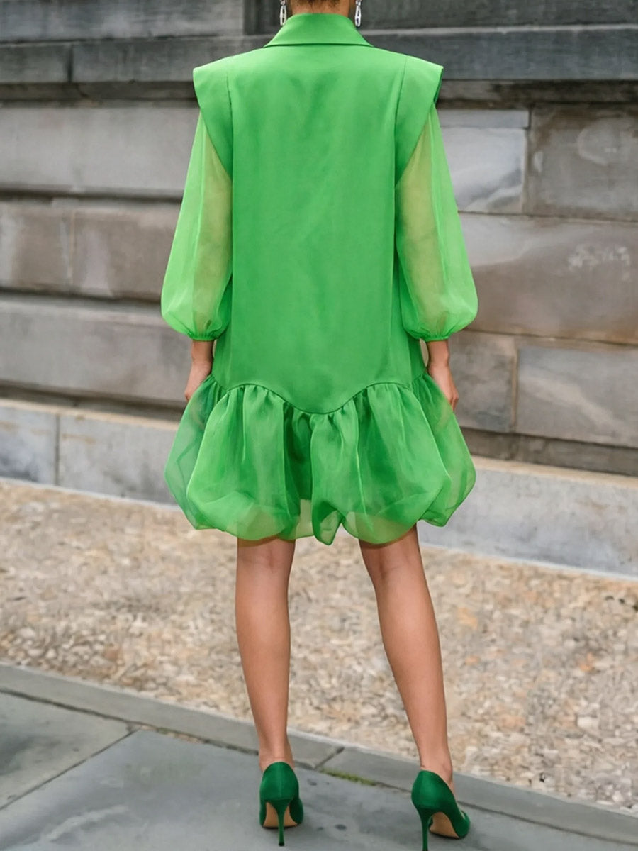 Split-Joint Solid Color Elasticity Buttoned Loose Long Sleeves Lapel Mini Dresses