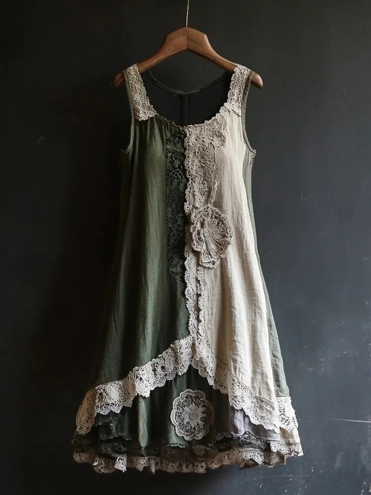 Vintage Lace Patchwork Comfy Linen Tank Dress