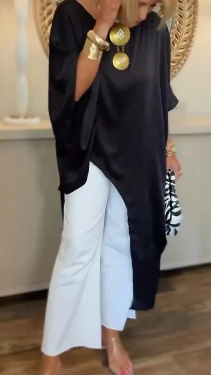 Black Satin Off-Shoulder Asymmetrical Tunic Top