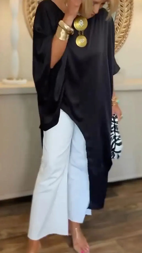 Black Satin Off-Shoulder Asymmetrical Tunic Top