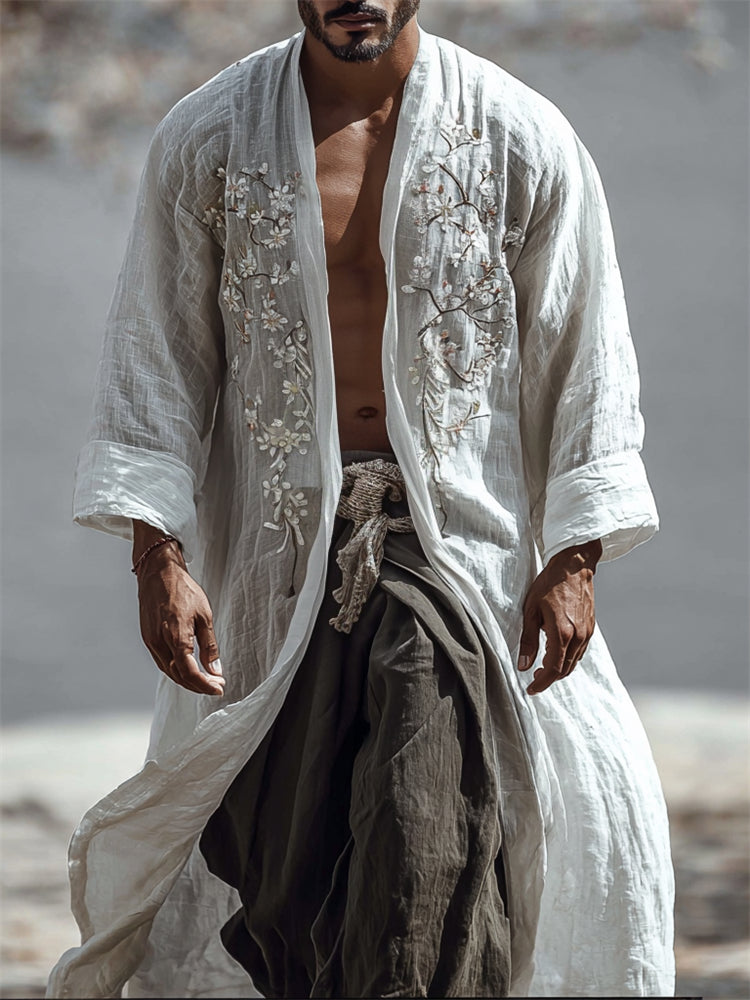 Men's Japanese Almond Blossom Linen Long Kimono