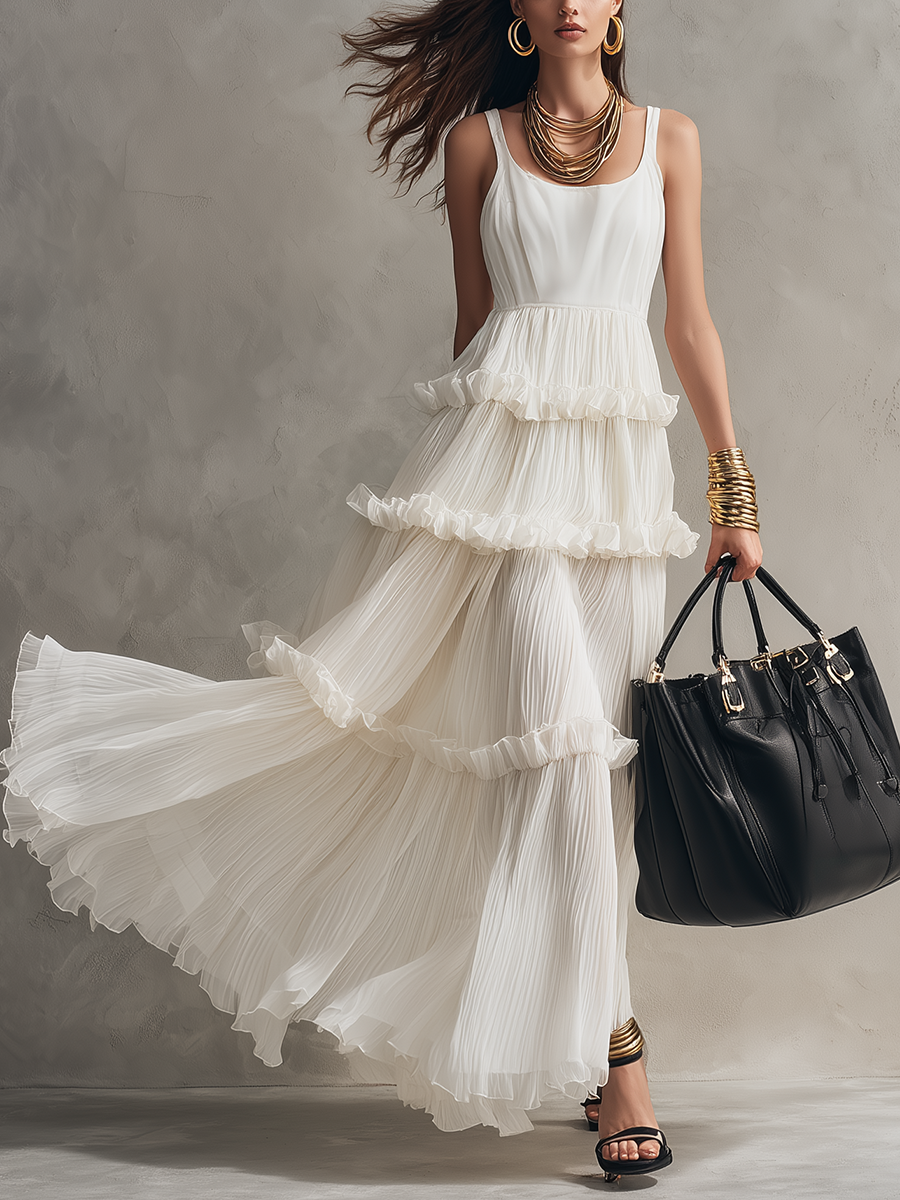 Romantic White U-Neck Pleated Tiered Maxi Dress
