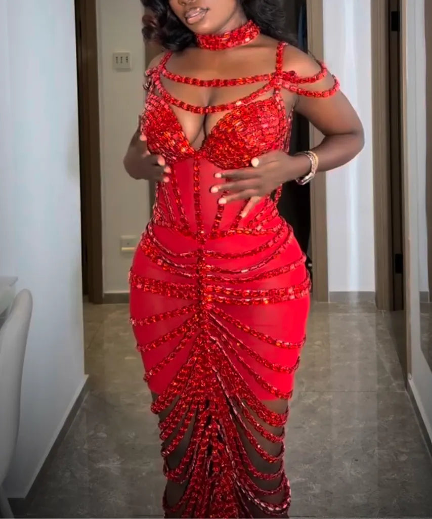 Red Rhinestone Striped Corset Midi Evening Dress, Choker Neck Multi Strap Deep V Backless Fringe Mesh Formal Gown