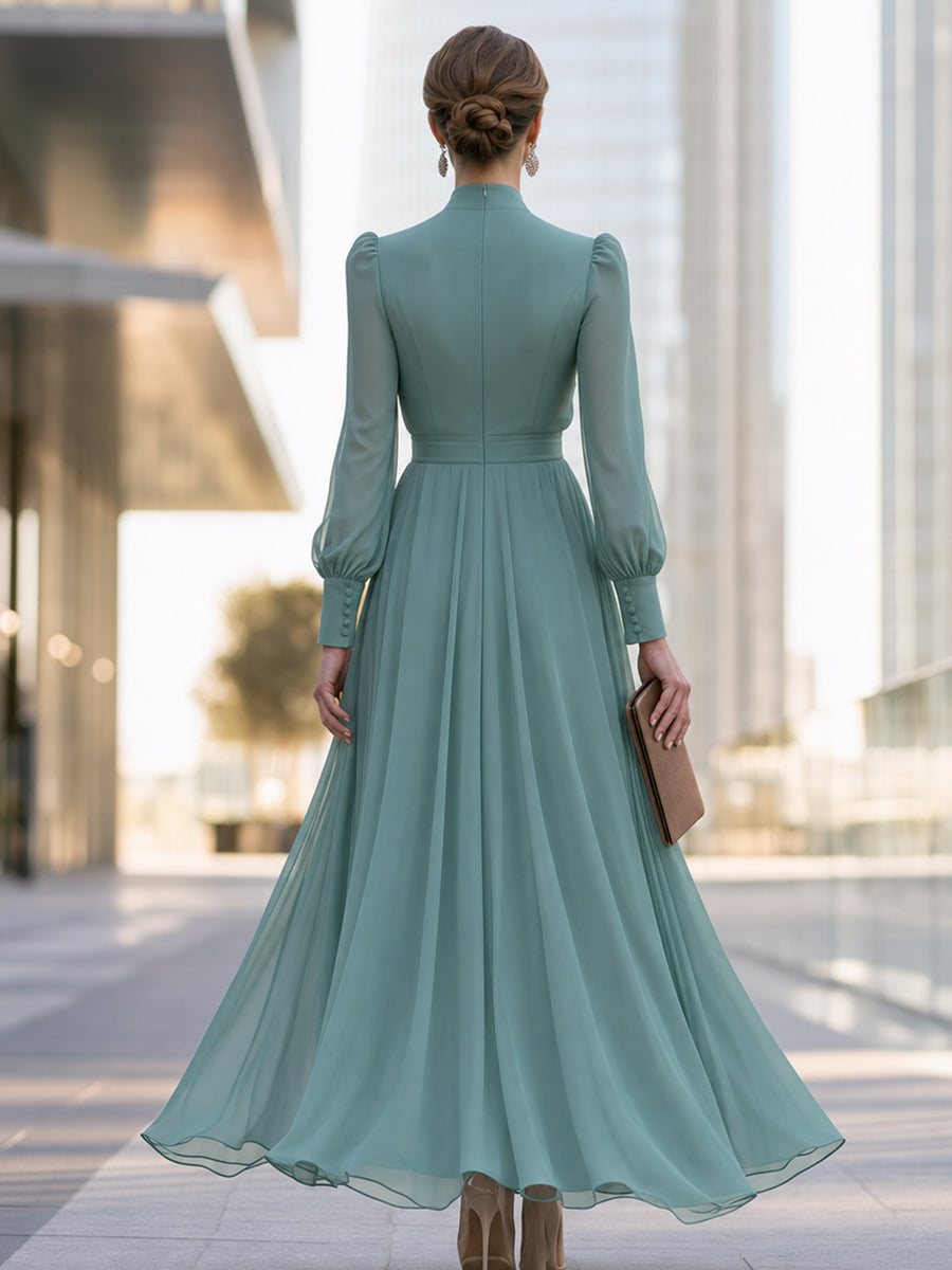 Chiffon Bow-Neck Long-Sleeve Maxi Dress
