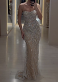 Silver Strapless Beaded Mermaid Maxi Dress with Sheer Tulle & Train