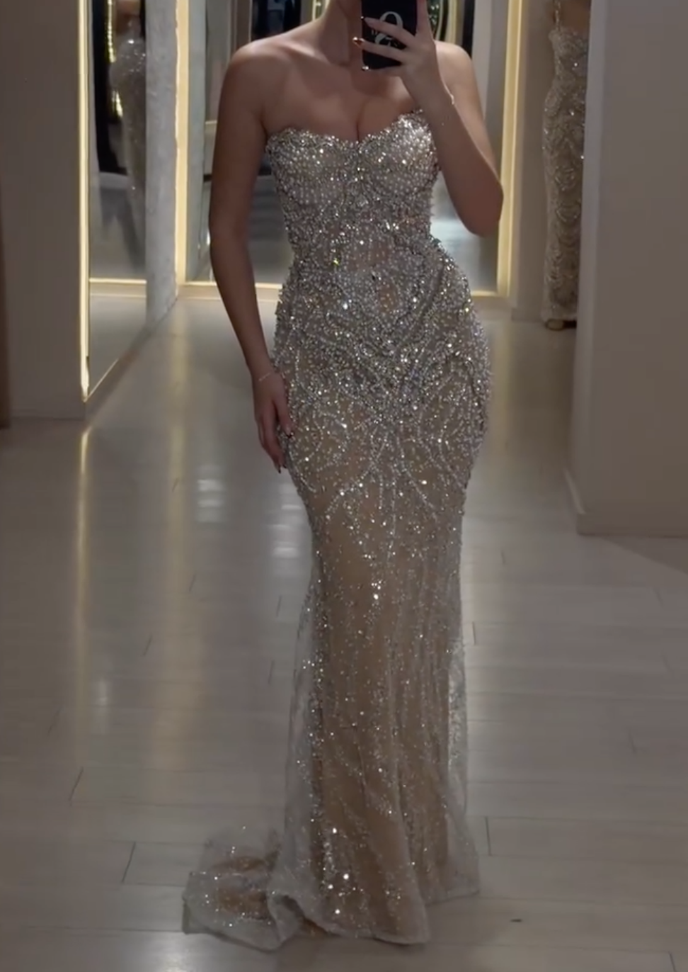 Silver Strapless Beaded Mermaid Maxi Dress with Sheer Tulle & Train