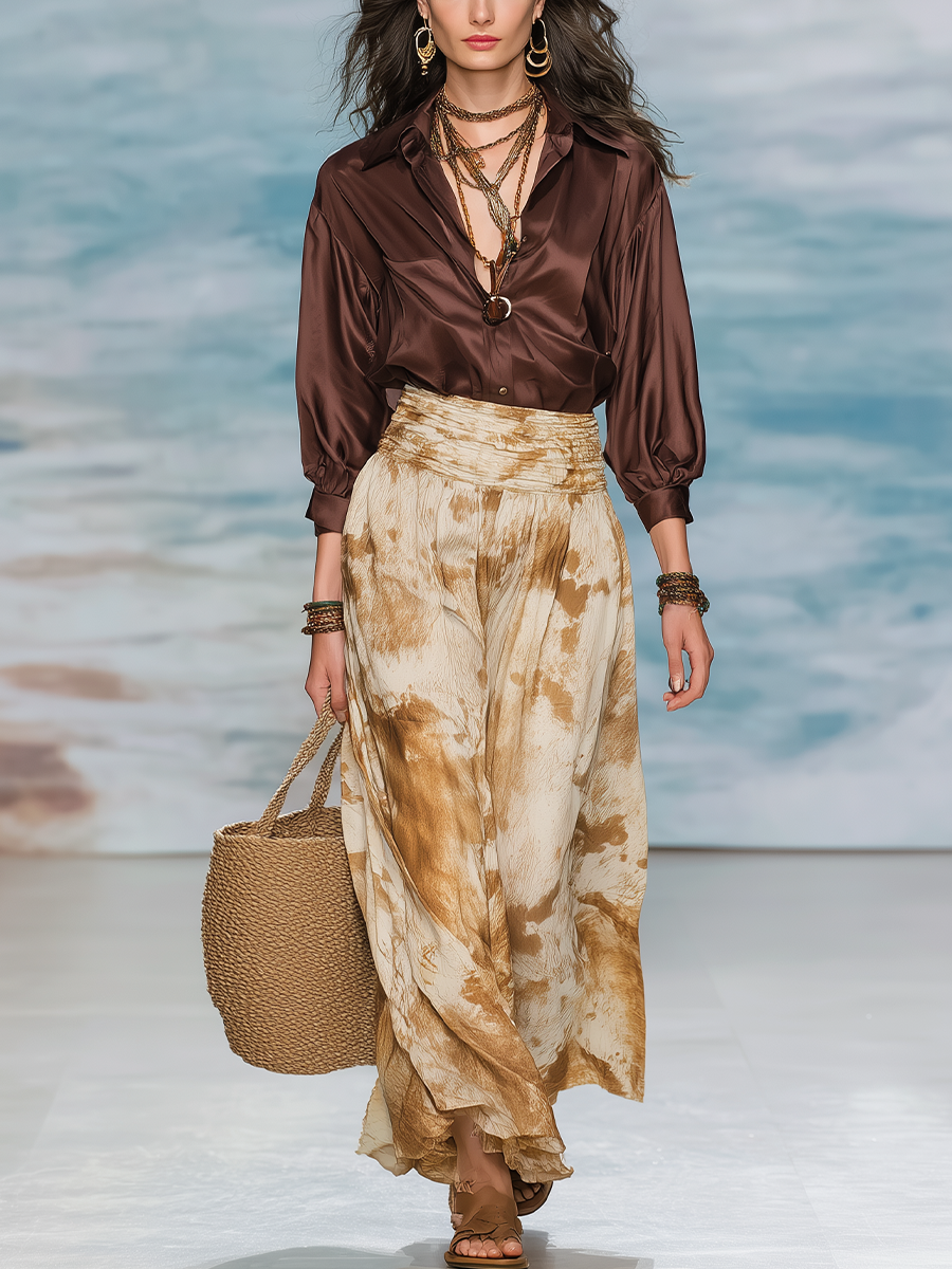 Bohemian Brown Satin Shirt And Skirt Suit